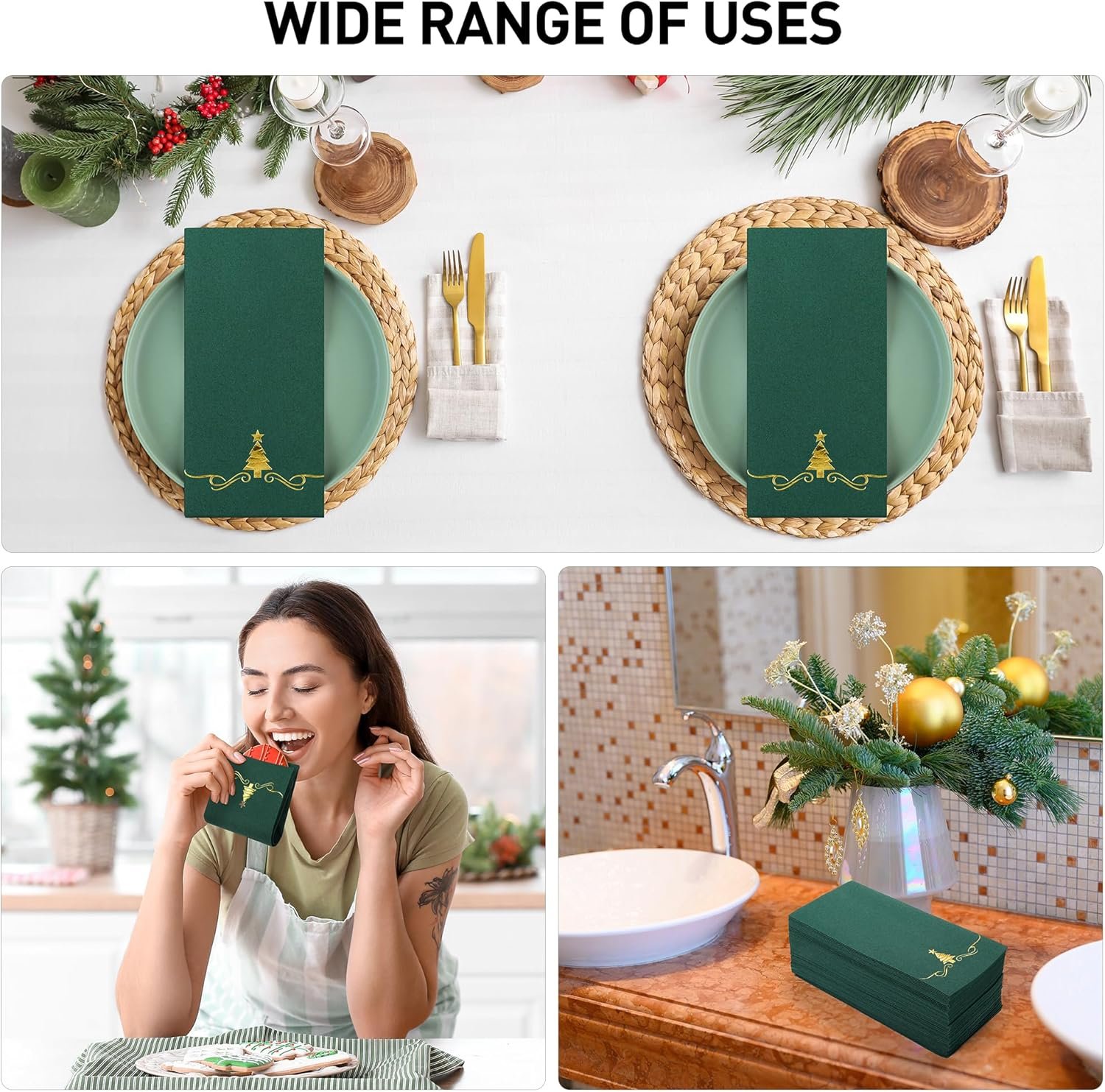 100 Pack Christmas Disposable Guest Napkins 12 x 17 Inch Gold Foil Christmas Trees Napkins Xmas Tree Hand Towels for Bathroom Kitchen Weddings Christmas Holiday Party, Green - Image 8