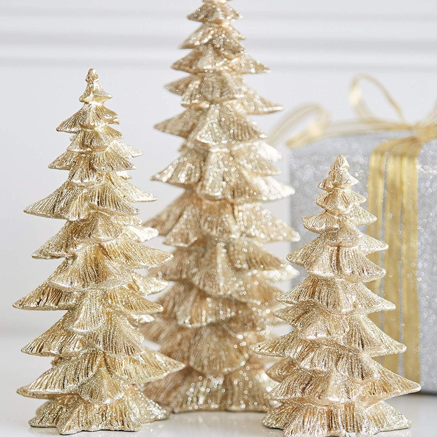 Raz Set of 3 Champagne Gold Glittered Christmas Trees- 6.5 inches to 9.5 inches Tall - Image 3