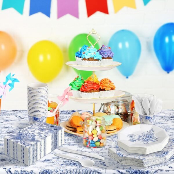 Dandat 402 Pcs Disposable Tableware Set Serve 50 Baby Shower Party Decorations Birthday Party Supplies Set Disposable Plates and Napkins Plastic Tablecloths for Baby Shower(Blue,Floral) - Image 7
