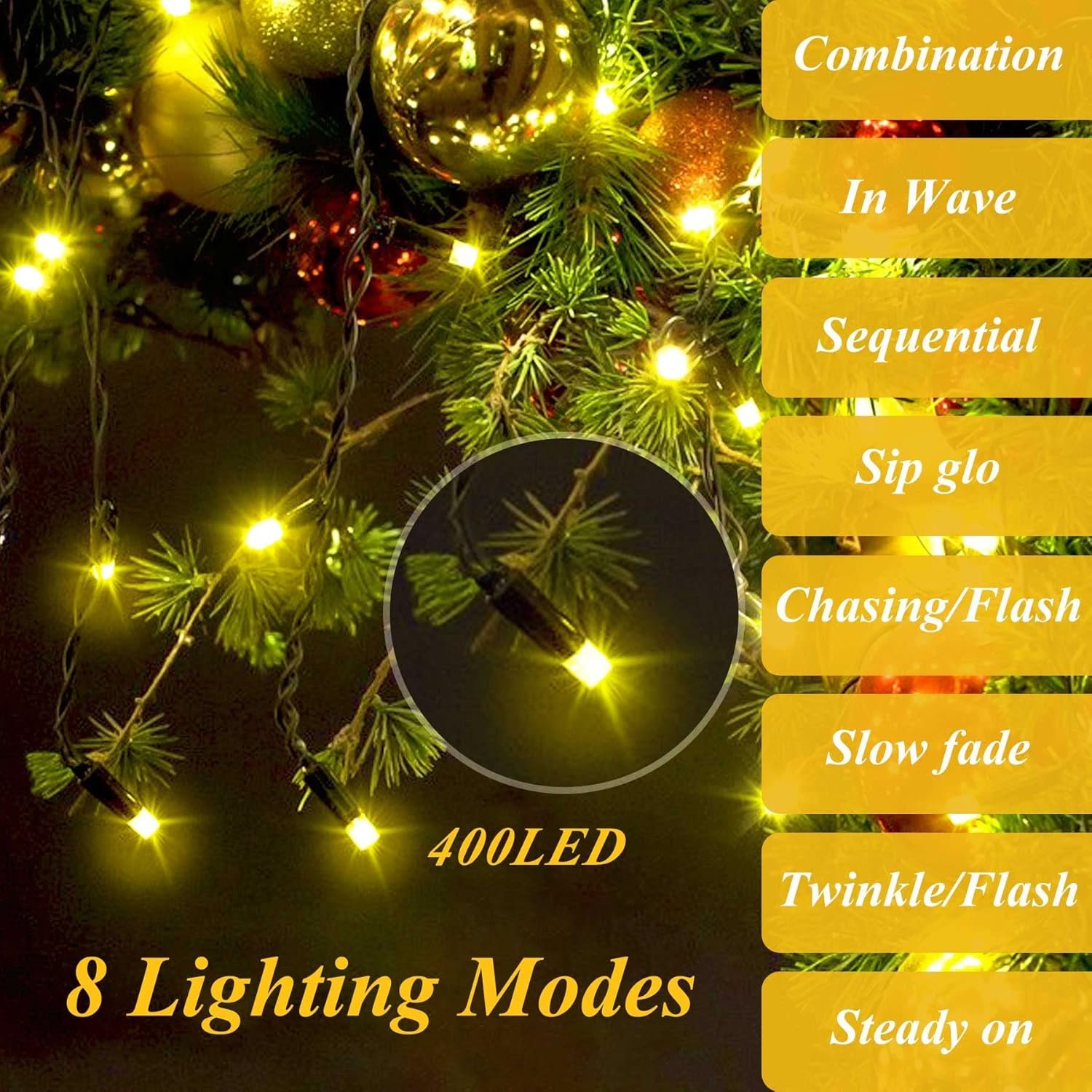aneeway Christmas Tree Lights, 400 LED Christmas Lights with 8 Light Modes & Memory Function, 6.6FT x 16 String Lights with Timing Function & Remote Control for Christmas Decorations - Warm White - Image 4