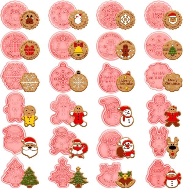 24 Pieces Christmas Cookie Cutters, 3D Gingerbread Xmas Embossing Santa Claus Elk Snowman Shapes Plastic Biscuit Cutter Molds with Plunger Stamp for Baking Holiday Party Supplies - Image 2