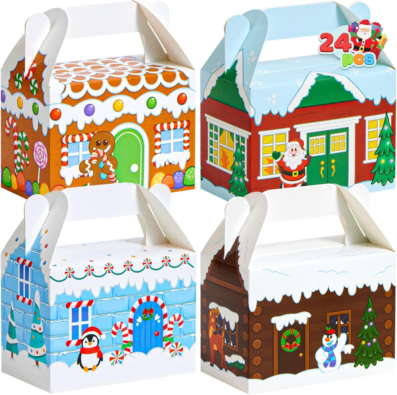 JOYIN 24 PCS 3D Christmas House Cardboard Treat Boxes for Holiday Xmas Goody Gift, Goodie Paper Boxes, School Classroom Party Favor Supplies, 4 Designs Candy Treat Cardboard Cookie Boxes - Image 2