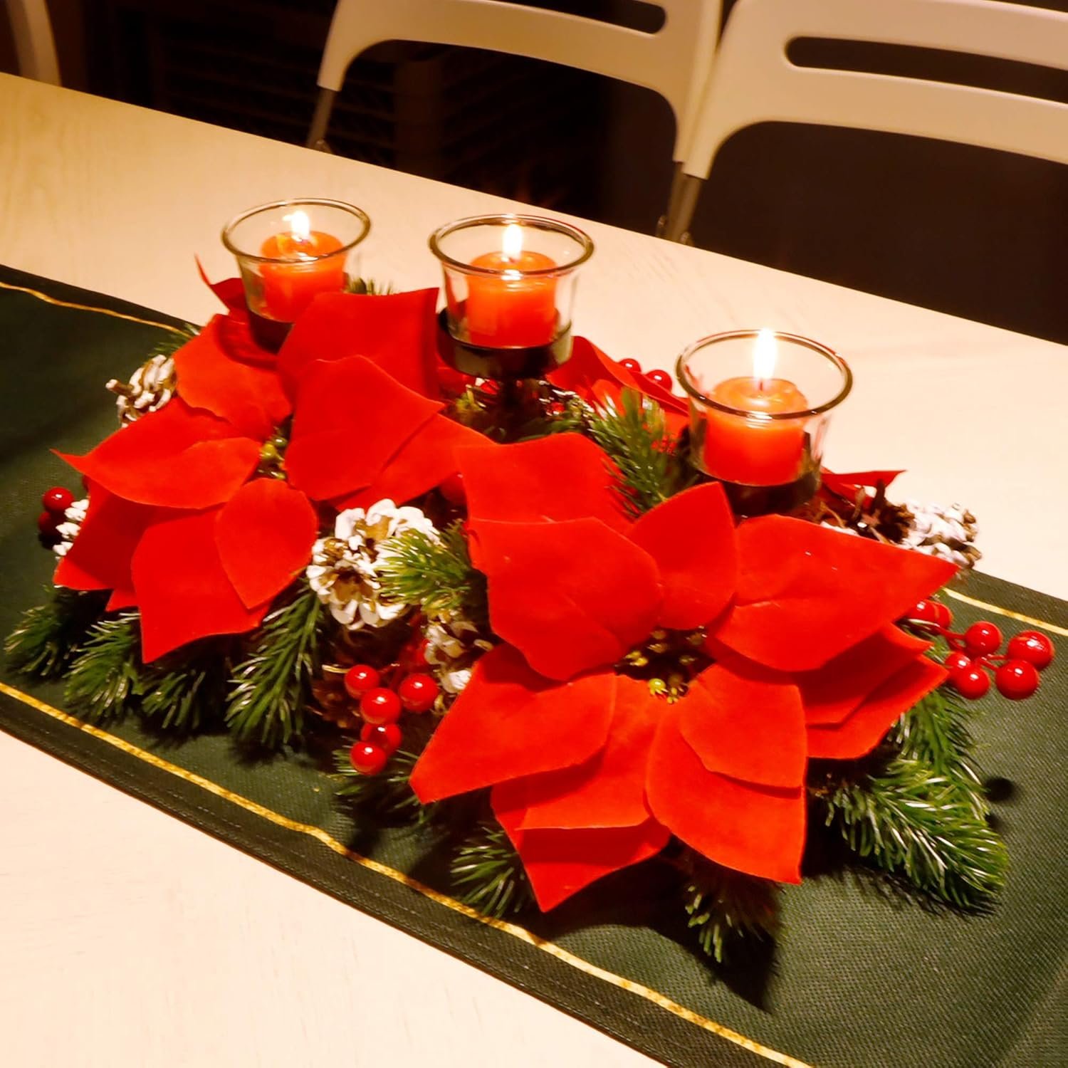 Juegoal Christmas Poinsettia Centerpiece with 3 Candle Holders, Pinecones and Red Berries, Christmas Decorations Holiday Candleabrum, Tabletop Centerpiece and Display - Image 7