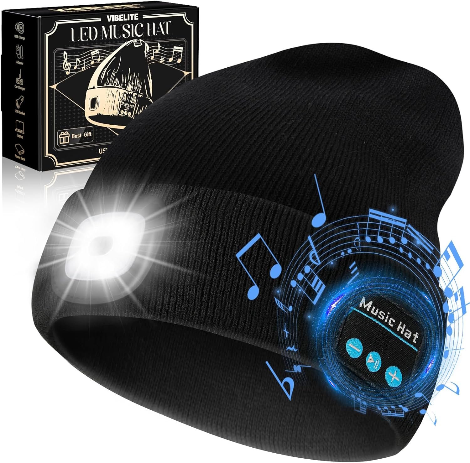 VIBELITE Bluetooth Beanie Hat with Light, USB Rechargeable LED Headlamp with Wireless Headphones, Gifts for Christmas, Stocking Stuffers for Adult Men Him Husband Boyfriend Dad Father, Black - Image 2