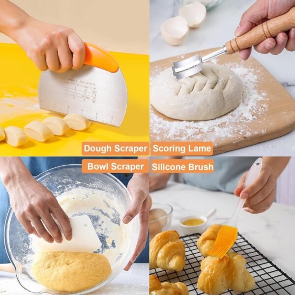 10 Inch Oval & 9Inch Round Banneton Bread Proofing Basket Sets,Sourdough Bread Baking Supplies with Linen Liners,Silicone Bread Sling,Danish Whisk,Scoring Cutter,Dough Scraper - Image 6