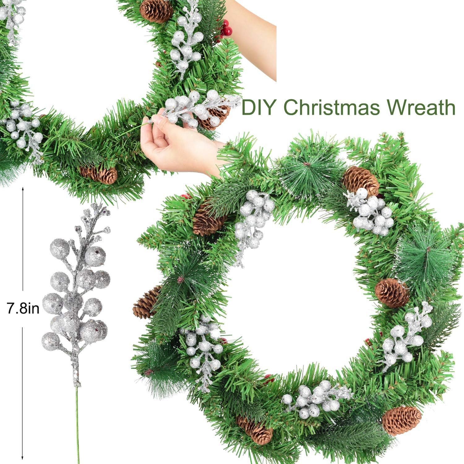Artiflr 14 Pack Christmas Glitter Berries Stems Clearance, 7.8 Inch Artificial Christmas Picks for Christmas Tree Ornaments, DIY Xmas Wreath, Crafts, Holiday and Home Decor, Silver - Image 5