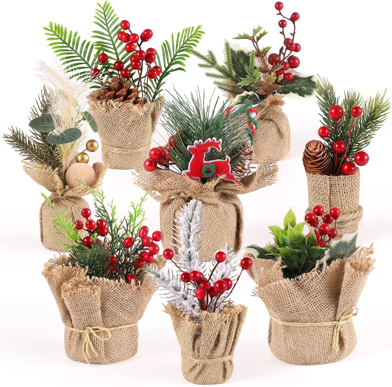 Omldggr 8 Styles of Small Artificial Christmas Tree Centerpieces for Table, Mini Christmas Plants with Red Berries Pine Cone Pine Branches for Christmas Home Office Table Desktop Decoration (8 Inch) - Image 2