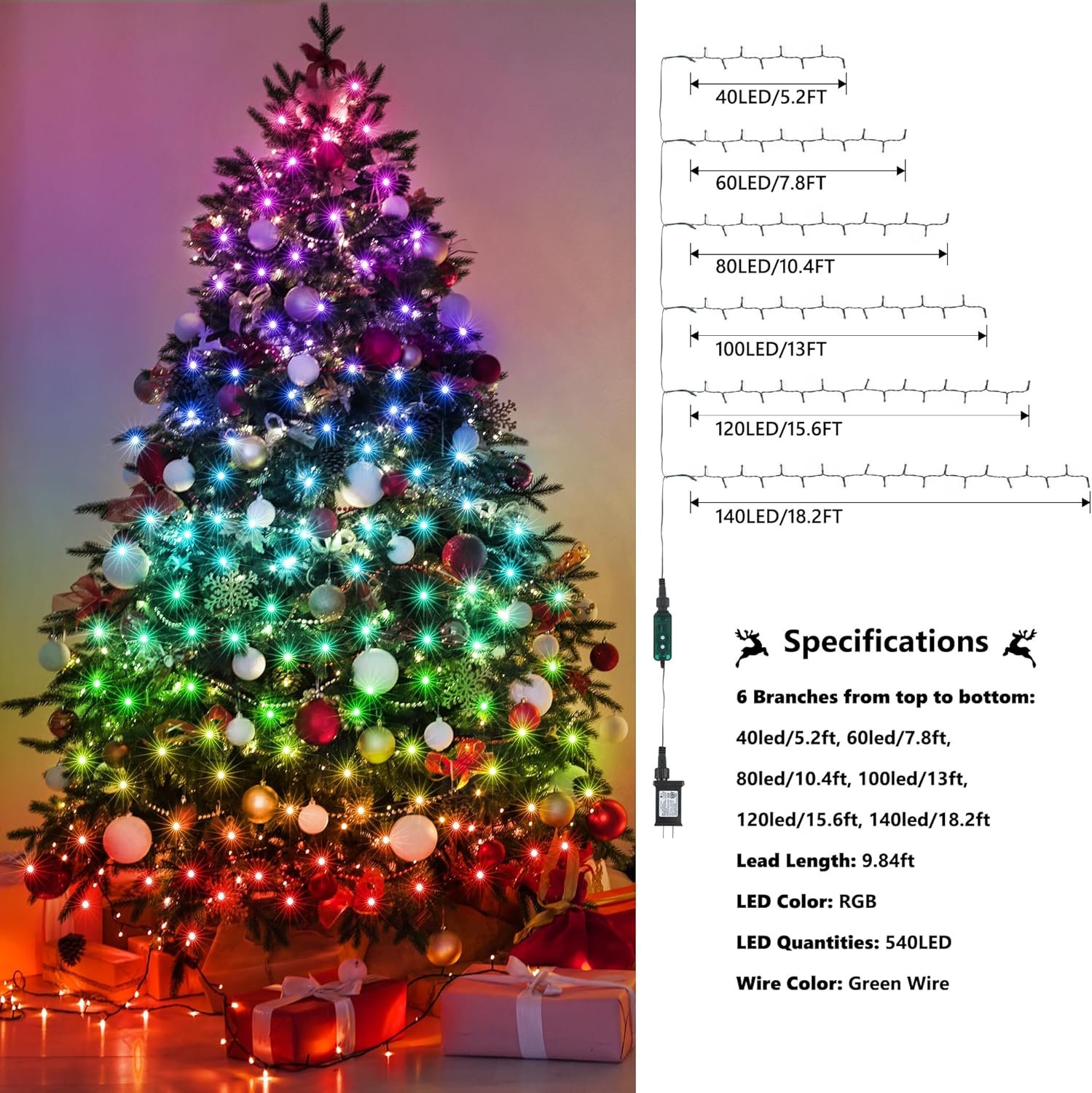 Christmas Tree Lights for 7ft 9ft with Remote - 540 LED RGB Timer Memory Function, Color Changing Rainbow Lighting Modes Christmas Decorations - Image 3