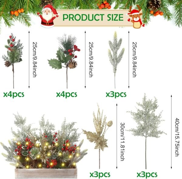 Christmas Centerpiece Winter Arrangement Artificial Snowy Christmas Picks Assorted Branches Holly Red Berry Pine Cone Picks in Rectangle Wooden Box for Farmhouse Rustic Table Decoration - Image 3