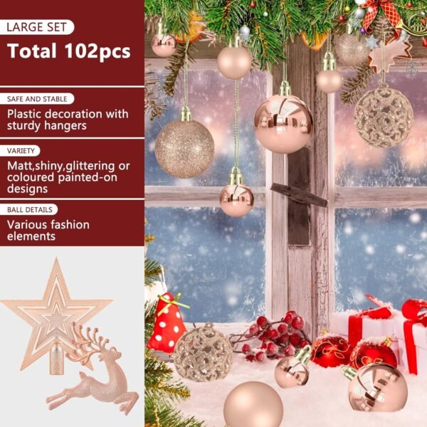 102PCS Assorted Rose Gold Christmas Ornaments, Christmas Balls Ornaments,Xmas Tree Ornaments,Plastic Shatterproof Christmas Ornaments,Christmas Tree Decorations Set - Image 4
