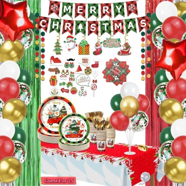 331 Pcs Christmas Decorations Indoor, Christmas Party Decor Supplies - "MERRY CHRISTMAS" Banner, Fringe Curtain, Swirls, Balloon, Photo Porps, Tableware with Christmas for 25 Guests - Image 2