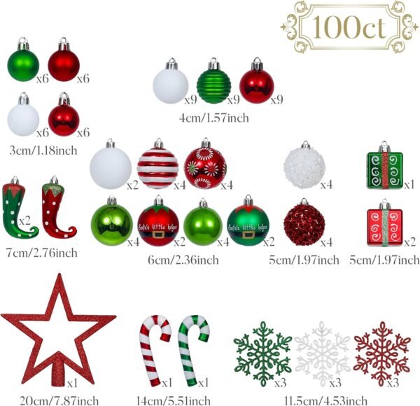 Valery Madelyn 100ct Christmas Ball Ornaments Set, Elf Red Green White Shatterproof Christmas Tree Decorations Variety Ornaments Bulk, Whimsical Hanging Ornaments for Xmas Trees Holiday Party Decor - Image 4