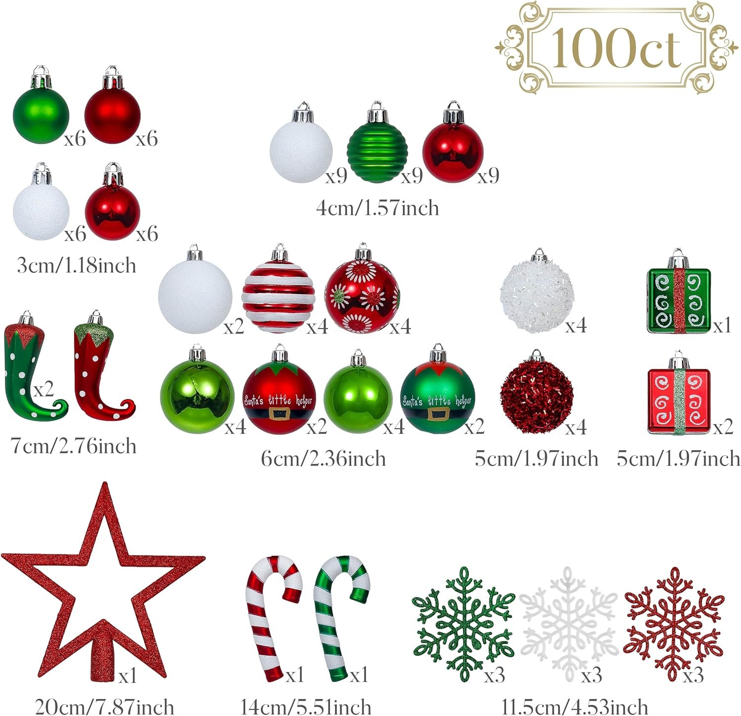 Valery Madelyn 100ct Christmas Ball Ornaments Set, Elf Red Green White Shatterproof Christmas Tree Decorations Variety Ornaments Bulk, Whimsical Hanging Ornaments for Xmas Trees Holiday Party Decor - Image 4