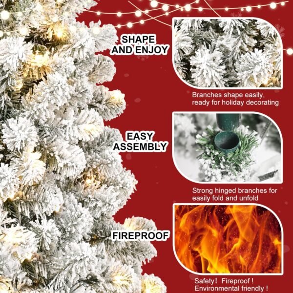 MERITLINE Pre-Lit Artificial Christmas Tree with Lights, 7FT Snow Flocked Design Holiday Decoration Xmas Tree with 1064 Branch Tips, 300 Tungsten Lamp String/Easy Assembly, Metal Stand - Image 6