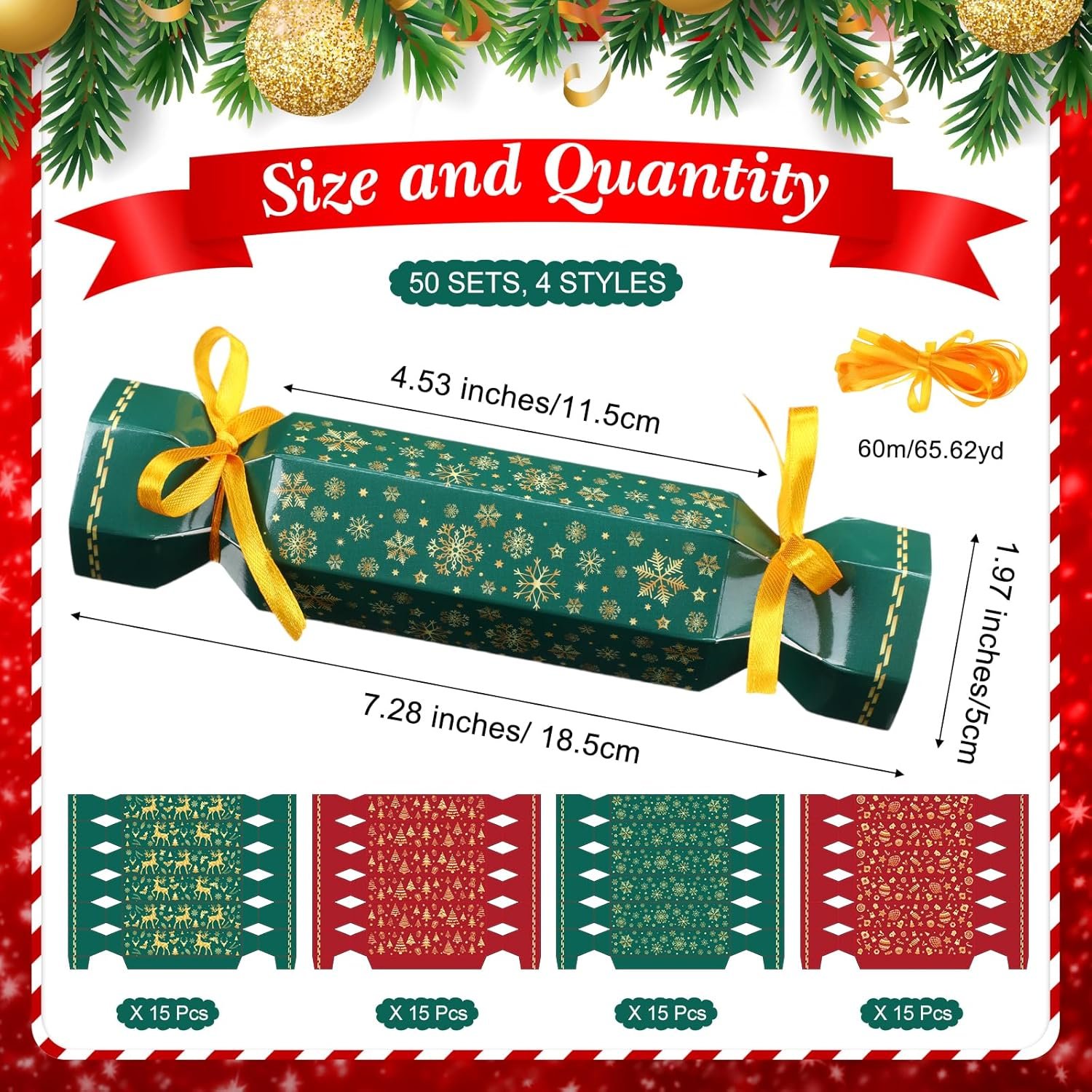 Moinchore 60 Pcs Christmas Crackers Kit DIY Xmas Party Cracker Empty Bulk for Candy Treat Gift Boxes Snowflake Tree Reindeer Candy Christmas No Snap Table Favors Holiday Dinner Decor(Red and Green) - Image 3