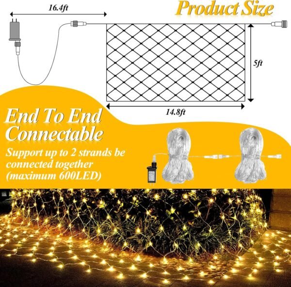 LitHome 300 LED 14.8ft x 5ft Outdoor Christmas Net Lights, Connectable Mesh Fairy String Lights with 8 Modes,Waterproof Plug in Mesh Lights for Bushes, Garden, Backyard, Holiday, Christmas(Warm White) - Image 4