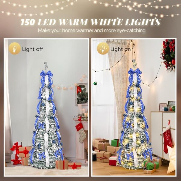 VINGLI 6ft Pre Lit Pop Up Christmas Tree with 150 Lights, Fully Decorated Flocked Pencil Christmas Tree Pre Lit Collapsible Christmas Tree Holiday Party Decorations (Blue&Silver) - Image 6