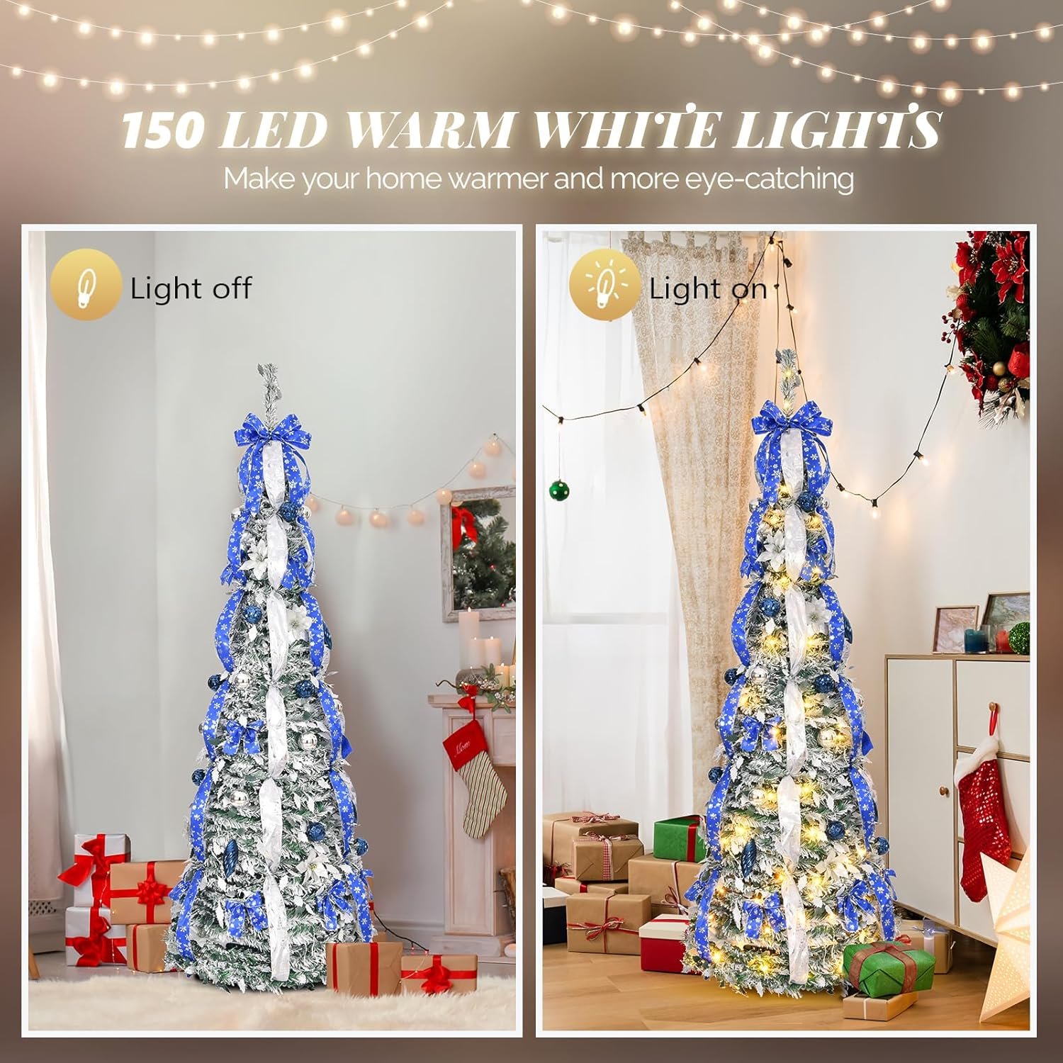 VINGLI 6ft Pre Lit Pop Up Christmas Tree with 150 Lights, Fully Decorated Flocked Pencil Christmas Tree Pre Lit Collapsible Christmas Tree Holiday Party Decorations (Blue&Silver) - Image 6