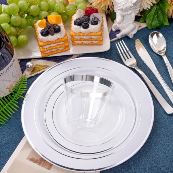 WELLIFE 600 Pcs Sliver Disposable Plates for 100 Guests, Plastic Plates for Party, Dinnerware Set of 100 Dinner Plates, 100 Salad Plates, 100 Spoons, 100 Forks, 100 Knives, 100 Cups - Image 5