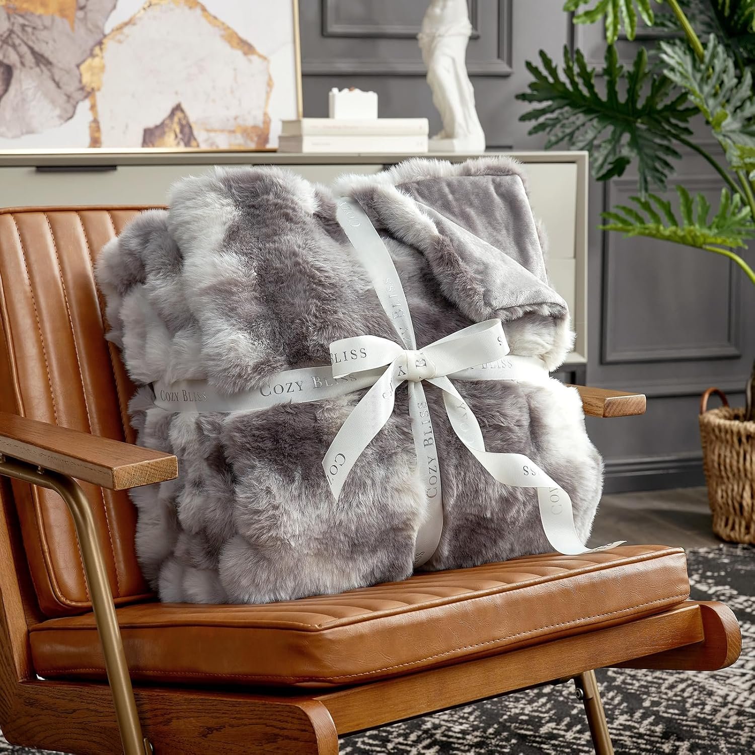 Cozy Bliss Faux Fur Throw Blanket for Couch, Fuzzy Soft Plush Thick Bubble Blanket for Sofa Bedroom Living Room, 50 * 60 Inches Tie-dye Taupe - Image 4
