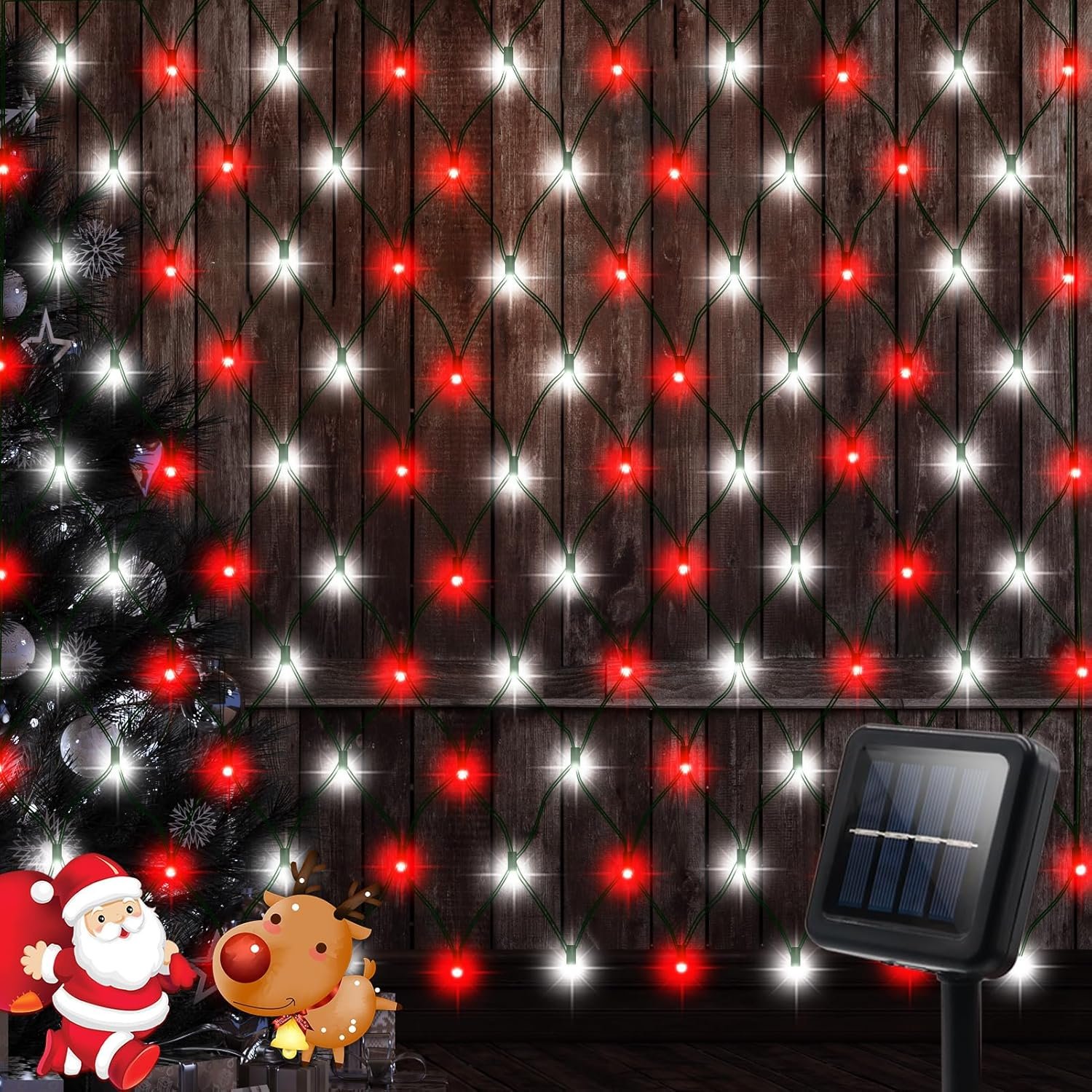 Red White Solar Powered LED Net Lights 5Ft x 5Ft,100 LEDs Christmas Bush Net Lights Solar Christmas Candy Cane Red White Net Lights,8 Modes Christmas Net Lights Solar for Christmas Outdoor Decoration - Image 2