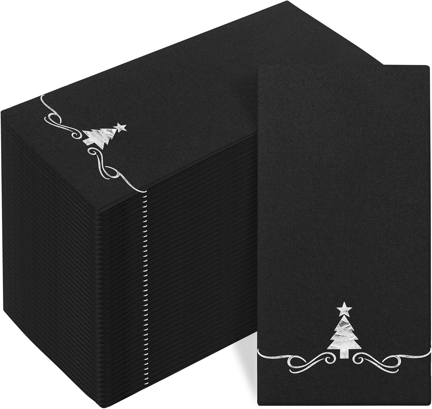 100 Pack Christmas Disposable Guest Napkins 12 x 17 Inch Silver Foil Christmas Trees Napkins Xmas Tree Hand Towels for Bathroom Kitchen Weddings Christmas Holiday Party, Black - Image 2