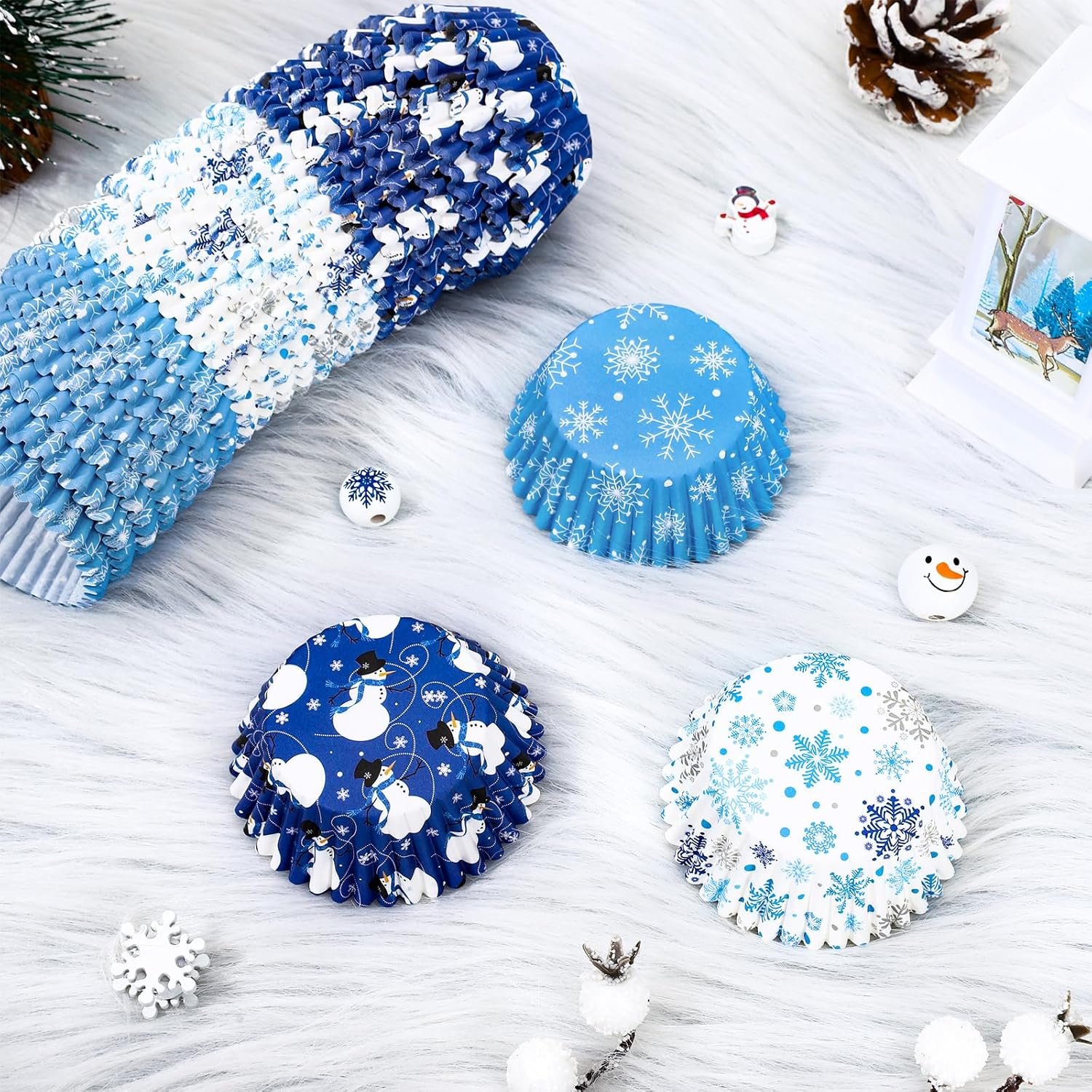Whaline 600Pcs Christmas Winter Cupcake Liners Snowmen Snowflake Blue White Cupcake Wrappers Baking Cups Holders Xmas Holiday Muffin Liners for Party Supplies Decor - Image 5