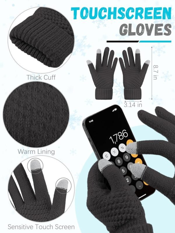 Winter Beanie Hat Scarf Gloves, Warm Fleece Knit Winter Hats Touch Screen Gloves Neck Scarf Set Winter Gifts for Unisex Adult - Image 4