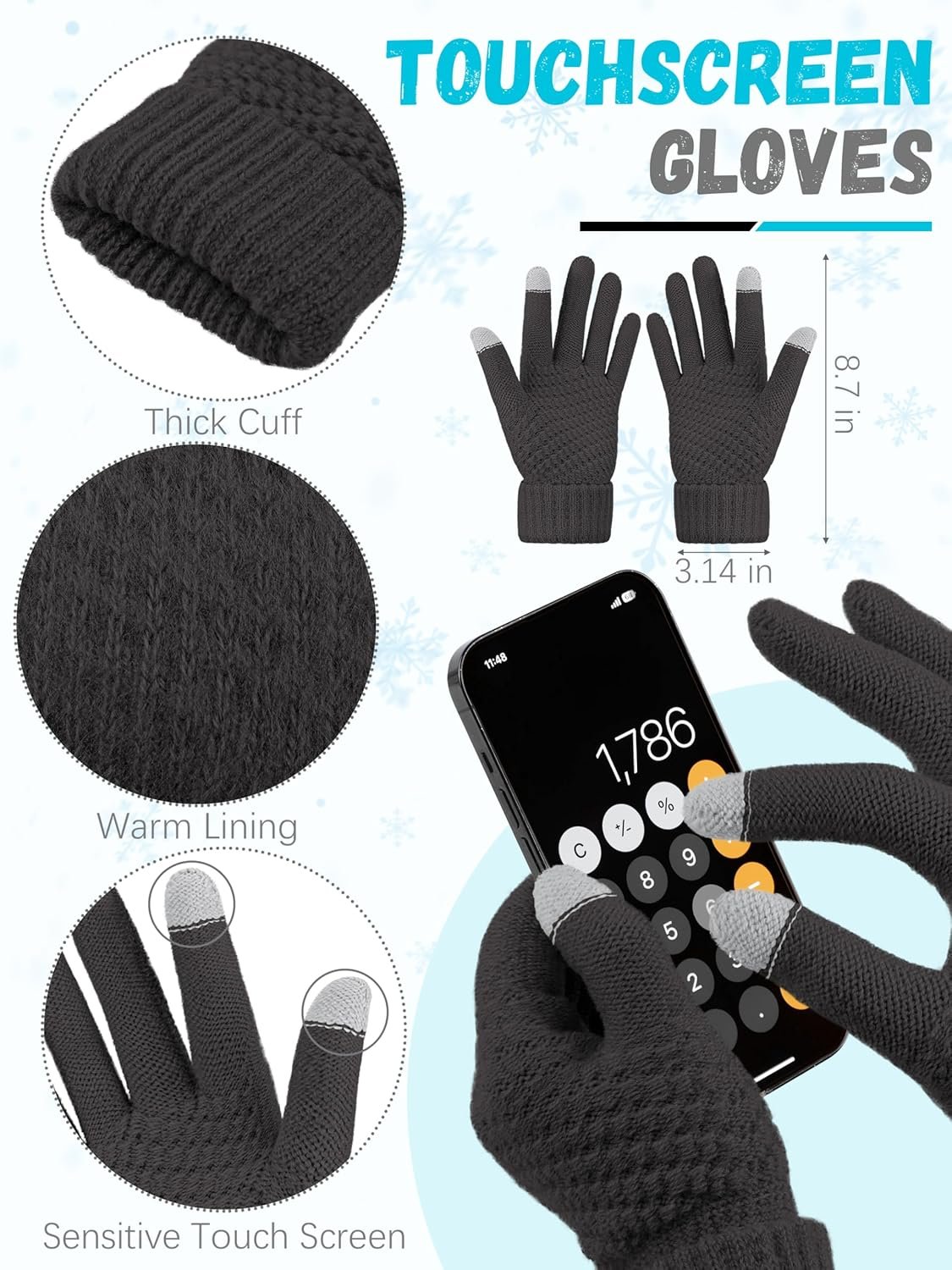 Winter Beanie Hat Scarf Gloves, Warm Fleece Knit Winter Hats Touch Screen Gloves Neck Scarf Set Winter Gifts for Unisex Adult - Image 4