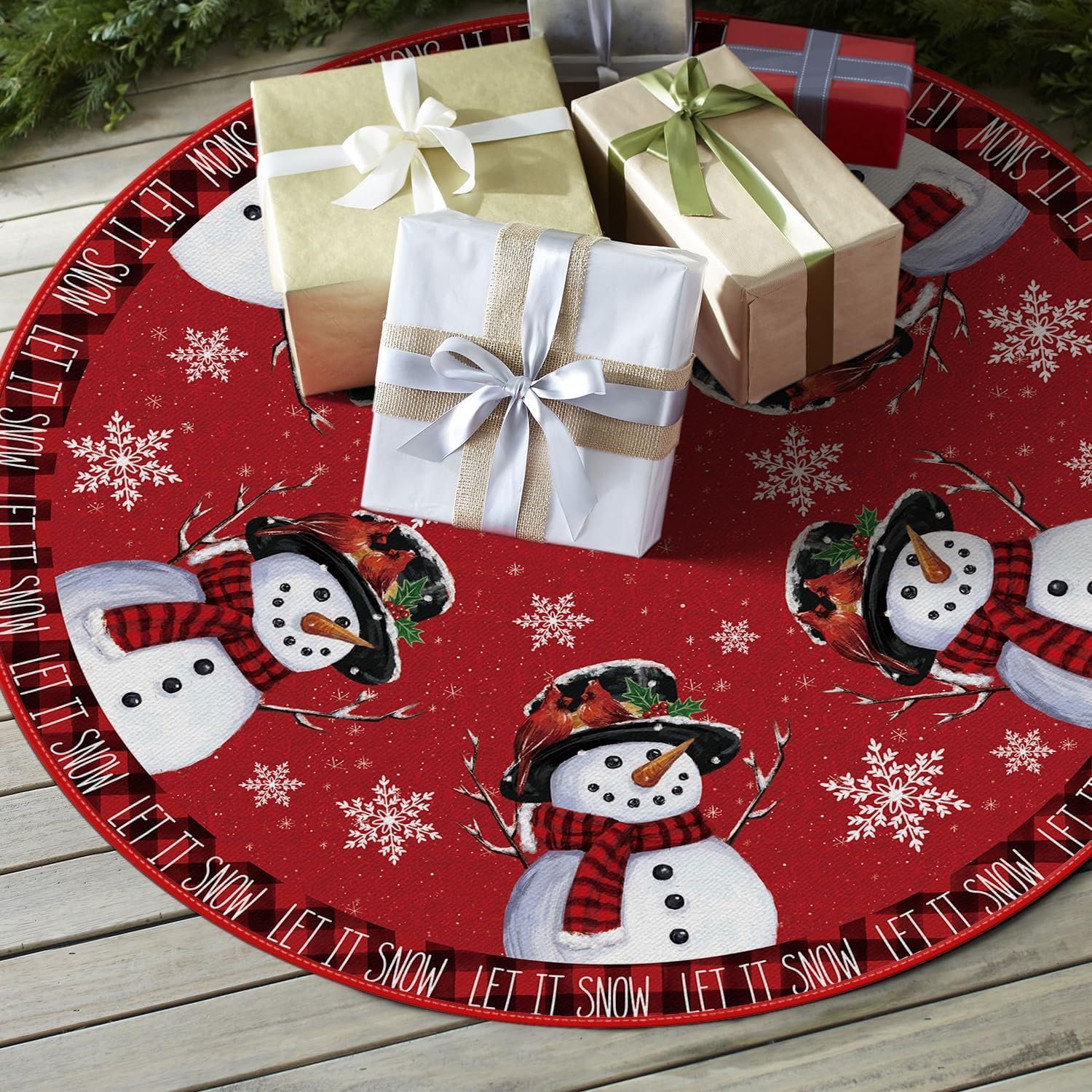 AVOIN colorlife Let It Snow Snowman Christmas Tree Skirt, Xmas Winter Holiday Party Tree Mat Indoor Outdoor Decoration 48 Inch - Image 5