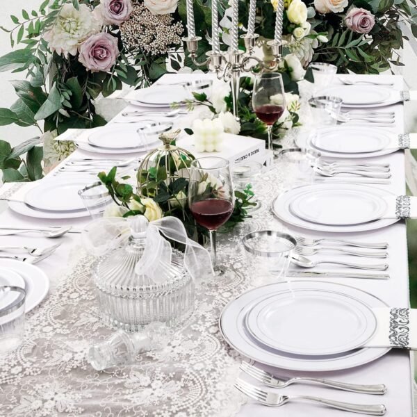 bUCLA 350PCS Silver Plastic Dinnerware Set for 50 Guests - Silver Plastic Plates Disposable for Party Include 50 Dinner Plates,50 Dessert Plates,50 Forks,50 Knives,50 Spoons,50Cups,50 Napkins - Image 7