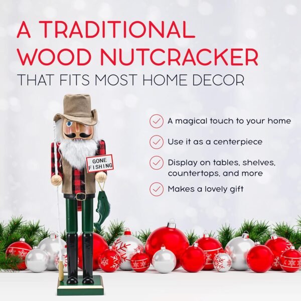 Ornativity Christmas Fisher Man Nutcracker – Red and Green Wooden Fisherman Nutcracker Man with Fishing Rod and Fish in Hand Xmas Themed Holiday Nut Cracker Doll Figure Decorations 15" - Image 6