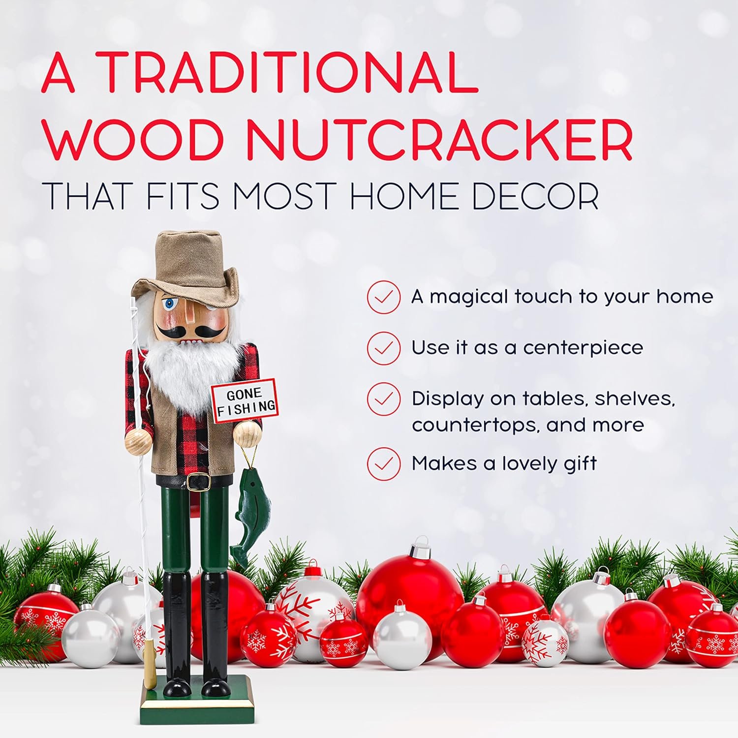 Ornativity Christmas Fisher Man Nutcracker – Red and Green Wooden Fisherman Nutcracker Man with Fishing Rod and Fish in Hand Xmas Themed Holiday Nut Cracker Doll Figure Decorations 15" - Image 6