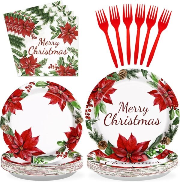 96Pcs Christmas Paper Plates and Napkins Set Poinsettia Flower Christmas Plates Disposable 350GSM Merry Christmas Party Tableware Set for Christmas Wedding Party Holiday Xmas Decorations, Serves 24 - Image 2