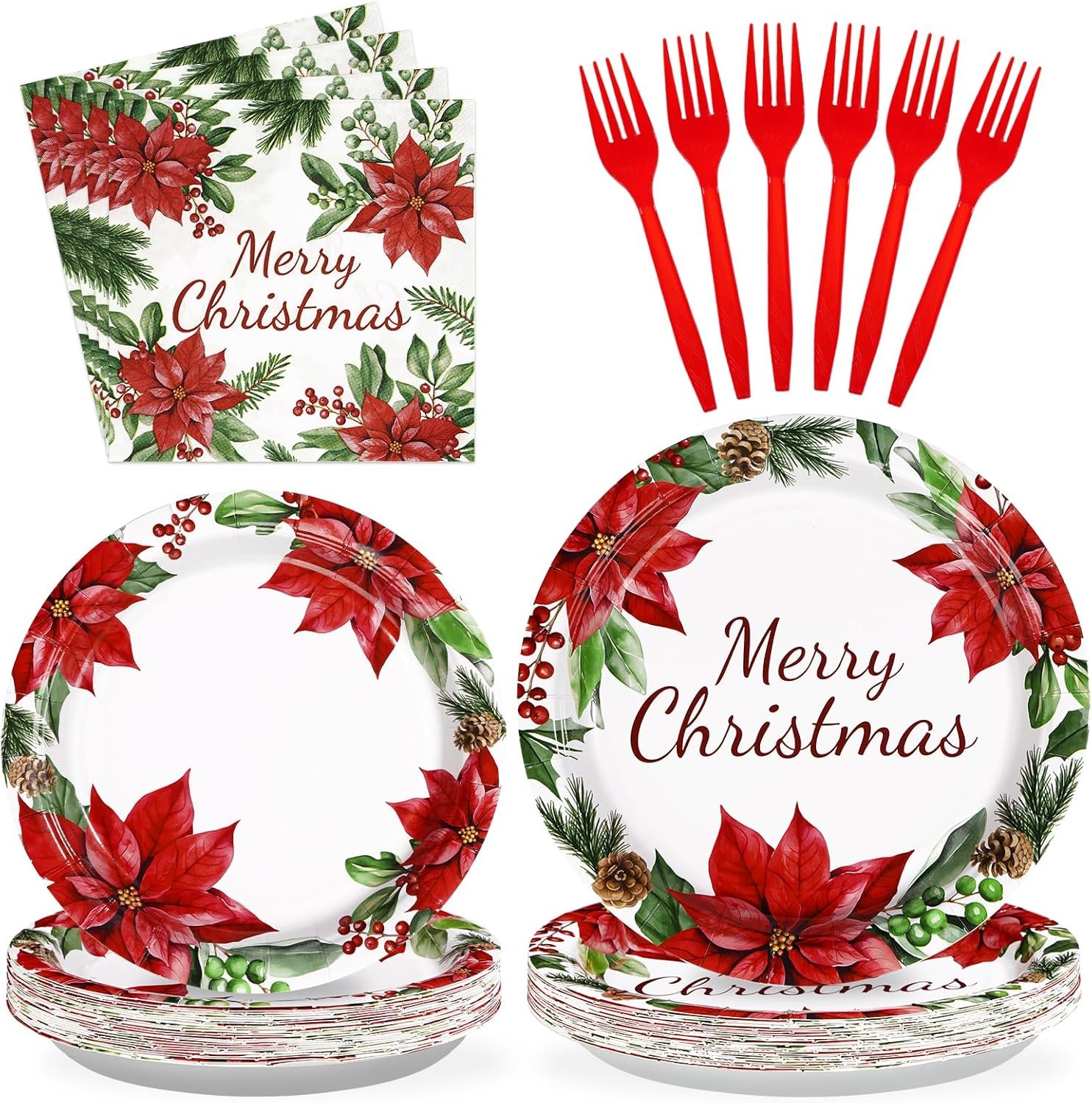 96Pcs Christmas Paper Plates and Napkins Set Poinsettia Flower Christmas Plates Disposable 350GSM Merry Christmas Party Tableware Set for Christmas Wedding Party Holiday Xmas Decorations, Serves 24 - Image 2