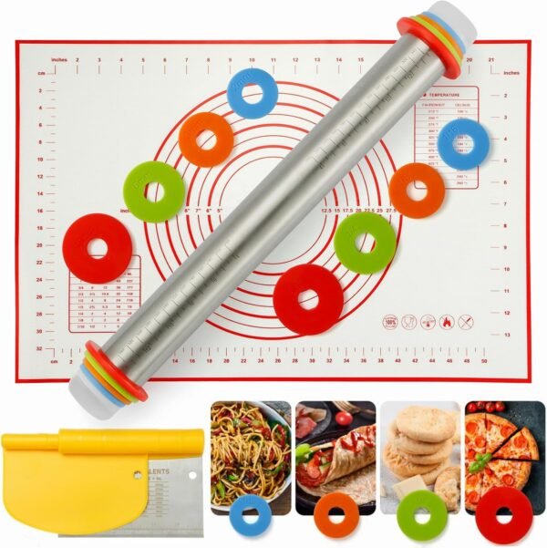 MIKULA Rolling Pin, Rolling Pins Thickness Rings and Silicone Baking Pastry Mat Set, Stainless Steel Dough Roller Rolling Pins for Baking & Bench Scraper For Pizza, Cookies, Pie, Pasta, Pastries - Image 2