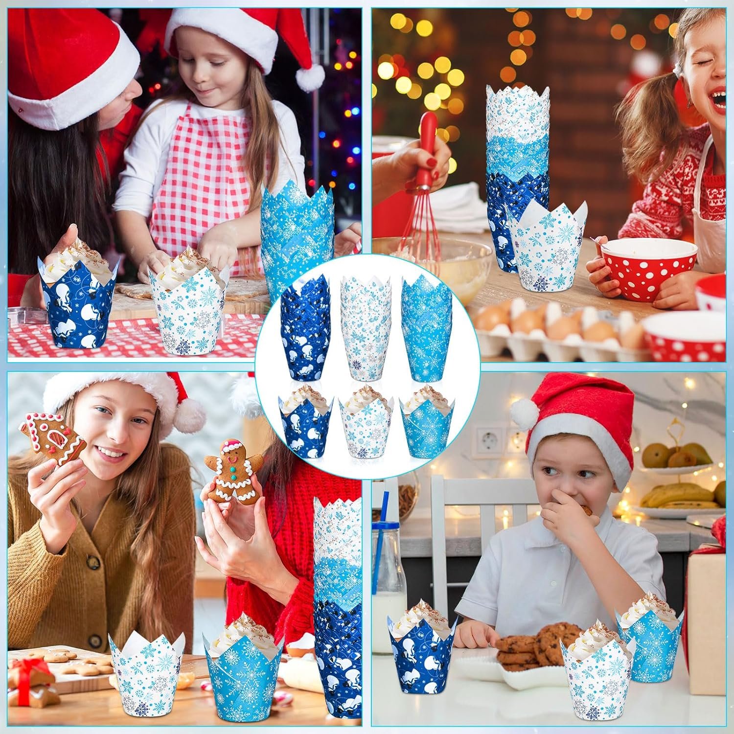 Whaline 180Pcs Winter Snowflake Tulip Cupcake Liners Christmas Snowflake Snowman Muffin Tulip Baking Cups Xmas Blue White Tulip Cupcake Wrappers for Holiday Party Supplies - Image 6