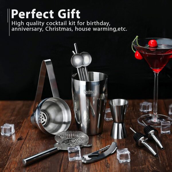 Cocktail Shaker Set Bartender Kit, Godmorn 15Pcs Bartender Shaker Set, 304 Stainless Steel Martini Shaker and Strainer, 550ml /19OZ Bar Tool Set with Bamboo Stand, Recipe Book, for Home and Bar - Image 8
