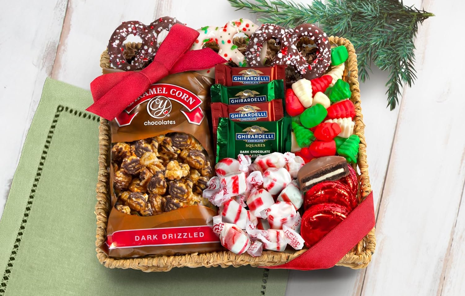 A Gift Inside Holiday Classic Chocolate, Candy & Crunch Gift Basket With Handmade Chocolates, Ghirardelli, Caramel Corn for Gourmet Christmas Food Gift - Image 3