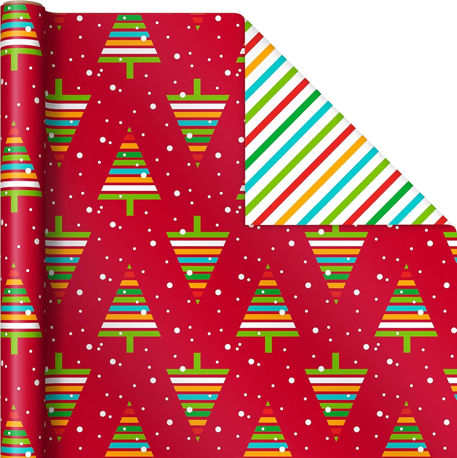 Hallmark Reversible Christmas Wrapping Paper for Kids (3 Rolls: 120 sq. ft. ttl) Orange and Teal Stripes, Trees, Ornaments, Polka Dots - Image 4