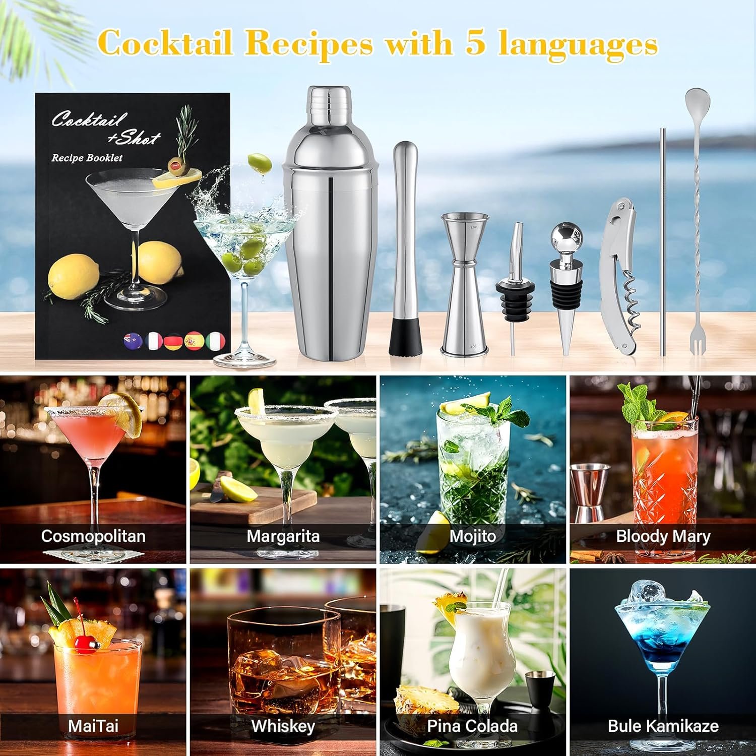 Cocktail Shaker Set, 16PCS Bartender Kit with Stand & Recipes, Bar Mat for Cocktail, Bar Tools Set with All Bar Essential Accessories Bartending Kit, for Drink Mixing Home Bar Party, Silver - Image 7