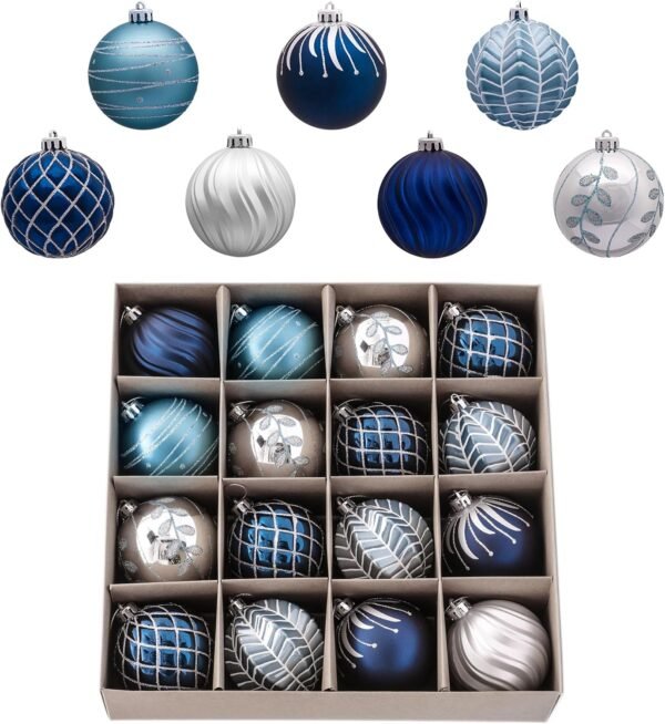 Valery Madelyn Christmas Ornaments Set, 16ct Navy Blue and Silver Shatterproof Fall Christmas Tree Decorations Ball Ornaments Bulk, 3.15 Inches Elegant Hanging Ornaments for Xmas Trees Decor - Image 2