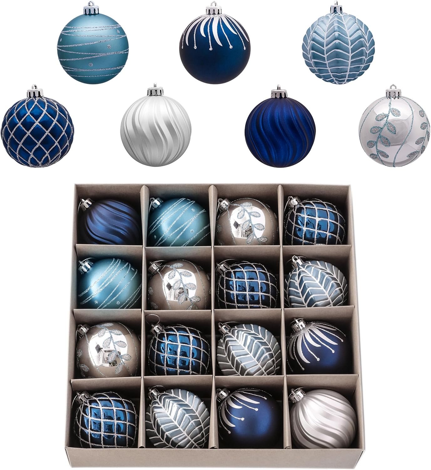 Valery Madelyn Christmas Ornaments Set, 16ct Navy Blue and Silver Shatterproof Fall Christmas Tree Decorations Ball Ornaments Bulk, 3.15 Inches Elegant Hanging Ornaments for Xmas Trees Decor - Image 2