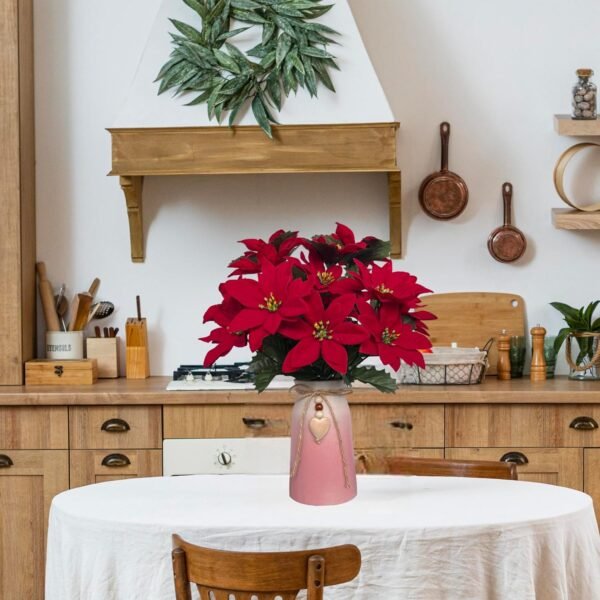 Artificial Poinsettia Christmas Flower Arrangement in Pink Vase, Festive Red Faux Flowers with Heart Charm for Home, Office & Holiday Décor - Image 8