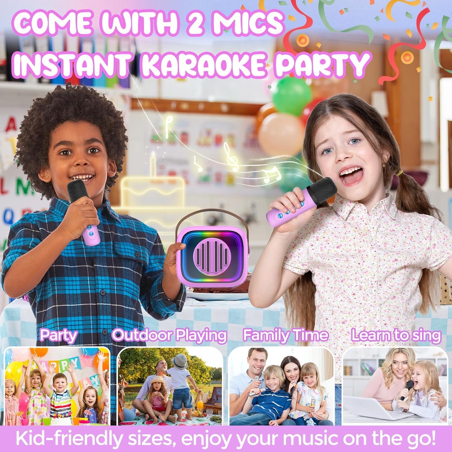 Karaoke Machine for Kids Adults, Portable Mini Karaoke Speaker with 2 Wireless Microphones, Stereo Sound and Colorful Lights, Toys Birthday Gifts for Girls 4, 5, 6, 7, 8, 9, 10, 12+ Years Old Toddler - Image 7