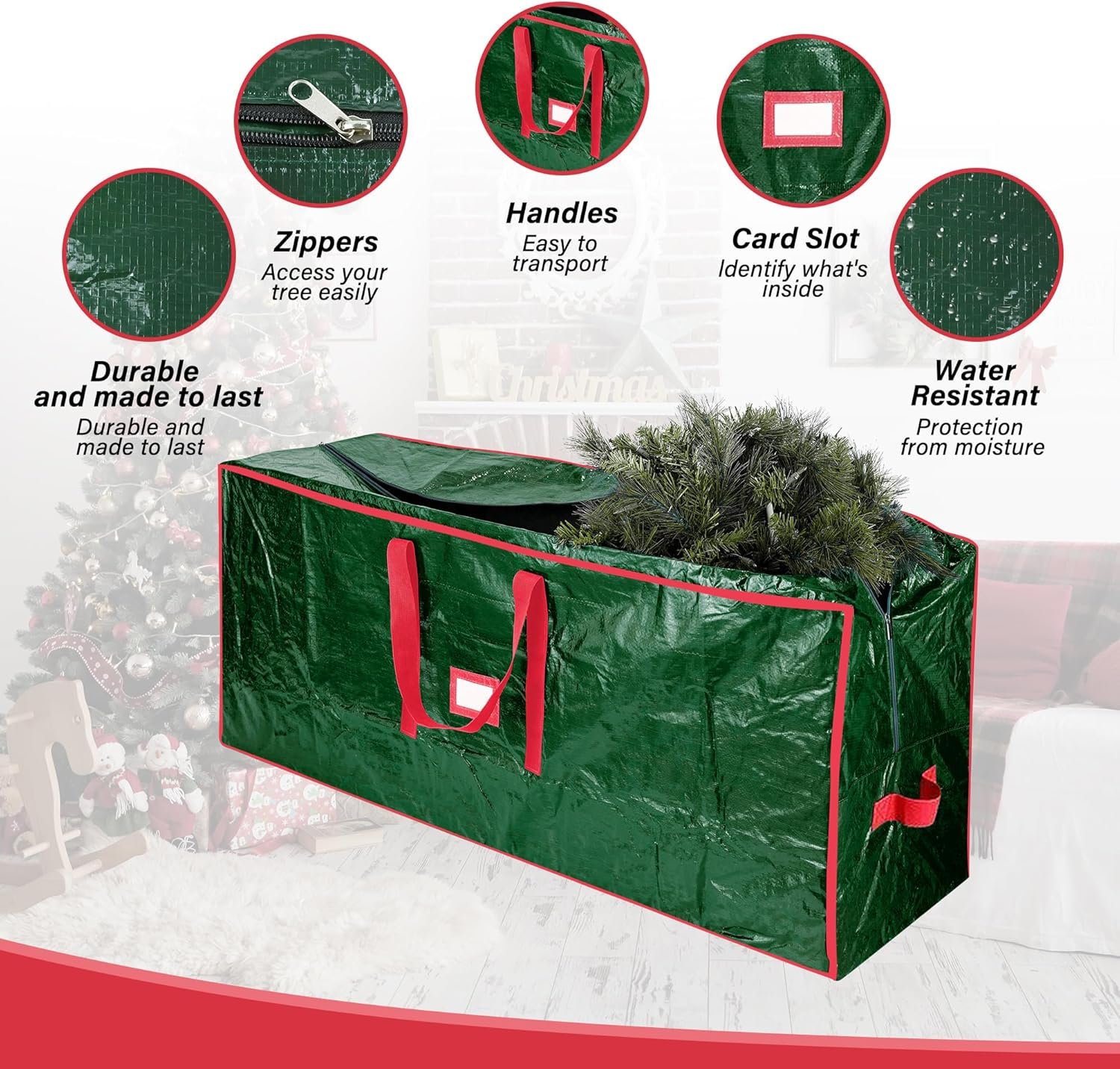 Christmas Tree Storage Bag, Fits Up to 7.5 Ft Artificial Trees,Dual Zippered Bag with Durable Handles, Waterproof Christmas Tree Storage Case, Protects from Dust and Moisture(7.5 ft,Green) - Image 6