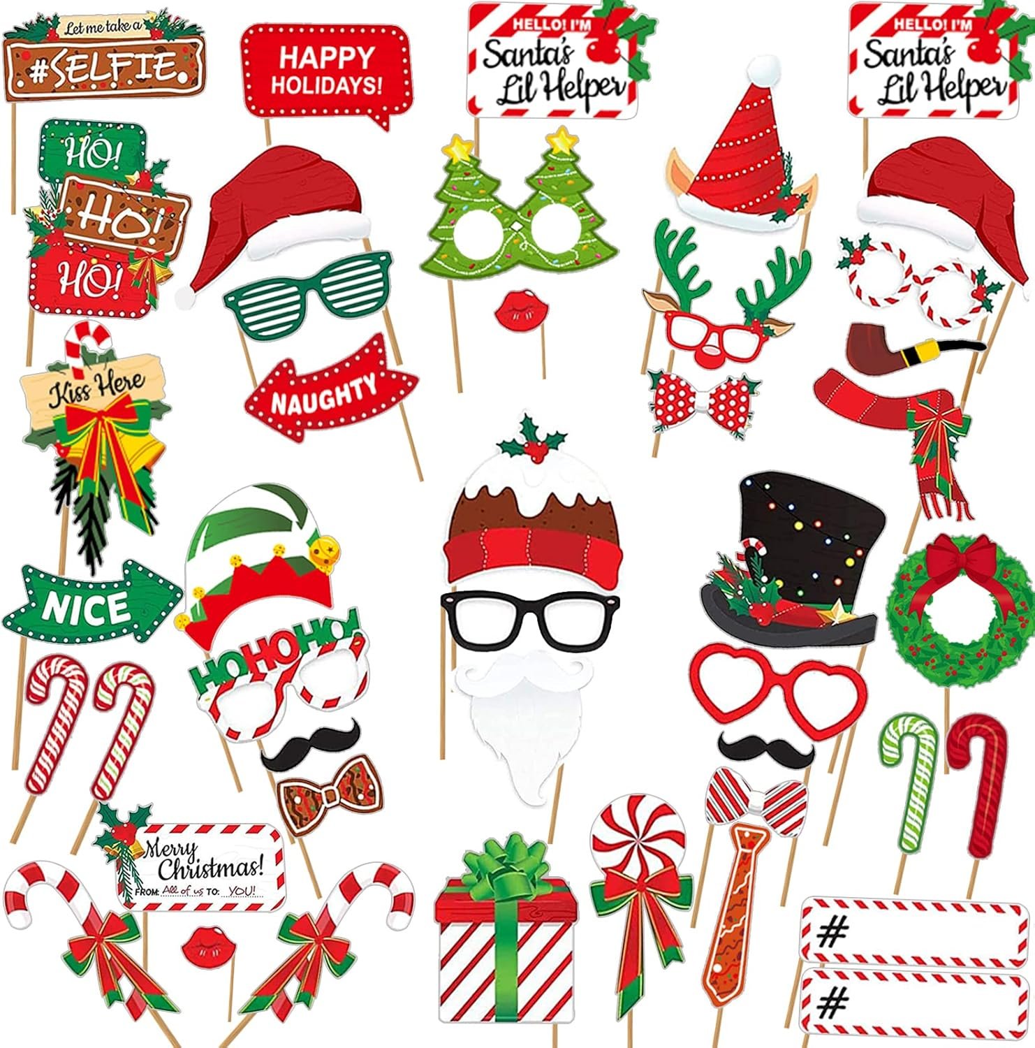 LEVSUPTY 44Pcs Christmas Party Photo Booth with Stick Props Kit for Adults Kids for Christmas Theme Party Favors Decorations Decor Supplies,Funny Xmas Selfie Props… - Image 2