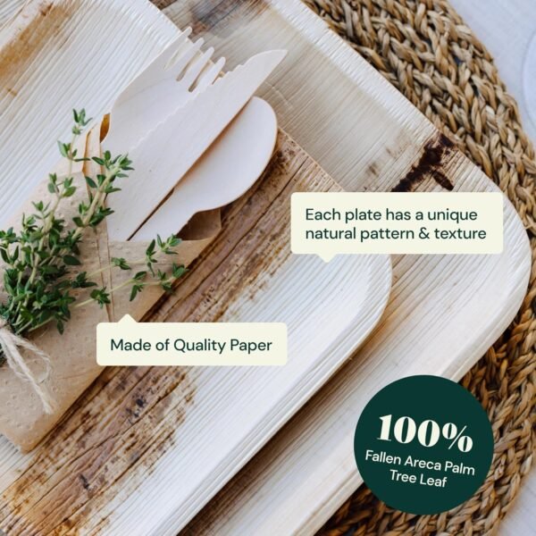 Chic Leaf Party Supplies Tableware 340 Pcs Bulk Pack for 45 Guests - 100% Biodegradable Palm Leaf Disposable Dinnerware Set, Sturdy 10'' & 7'' Plates w/ 10 Oz Cups, Napkins, Forks, Knifes & Spoons - Image 8