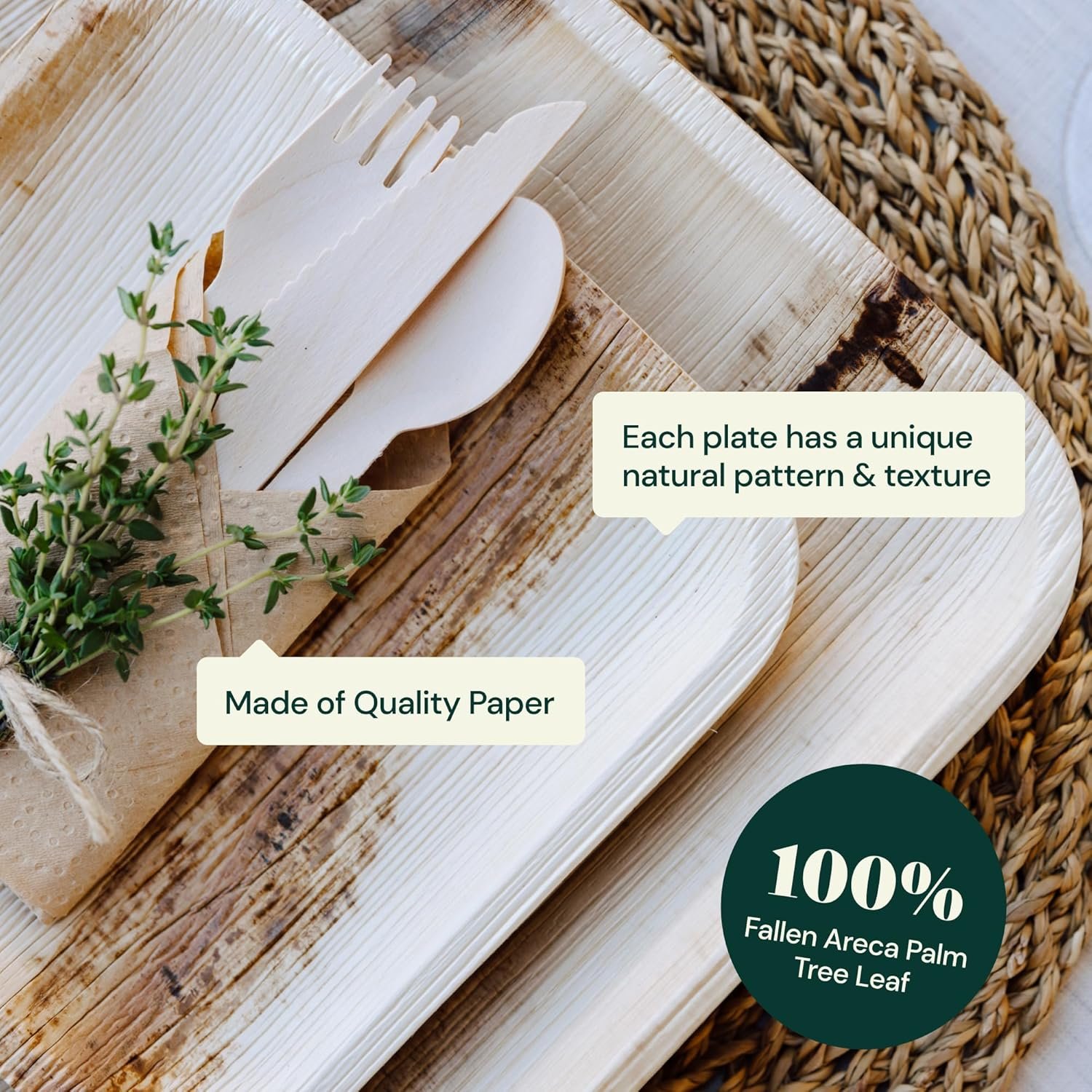 Chic Leaf Party Supplies Tableware 340 Pcs Bulk Pack for 45 Guests - 100% Biodegradable Palm Leaf Disposable Dinnerware Set, Sturdy 10'' & 7'' Plates w/ 10 Oz Cups, Napkins, Forks, Knifes & Spoons - Image 8
