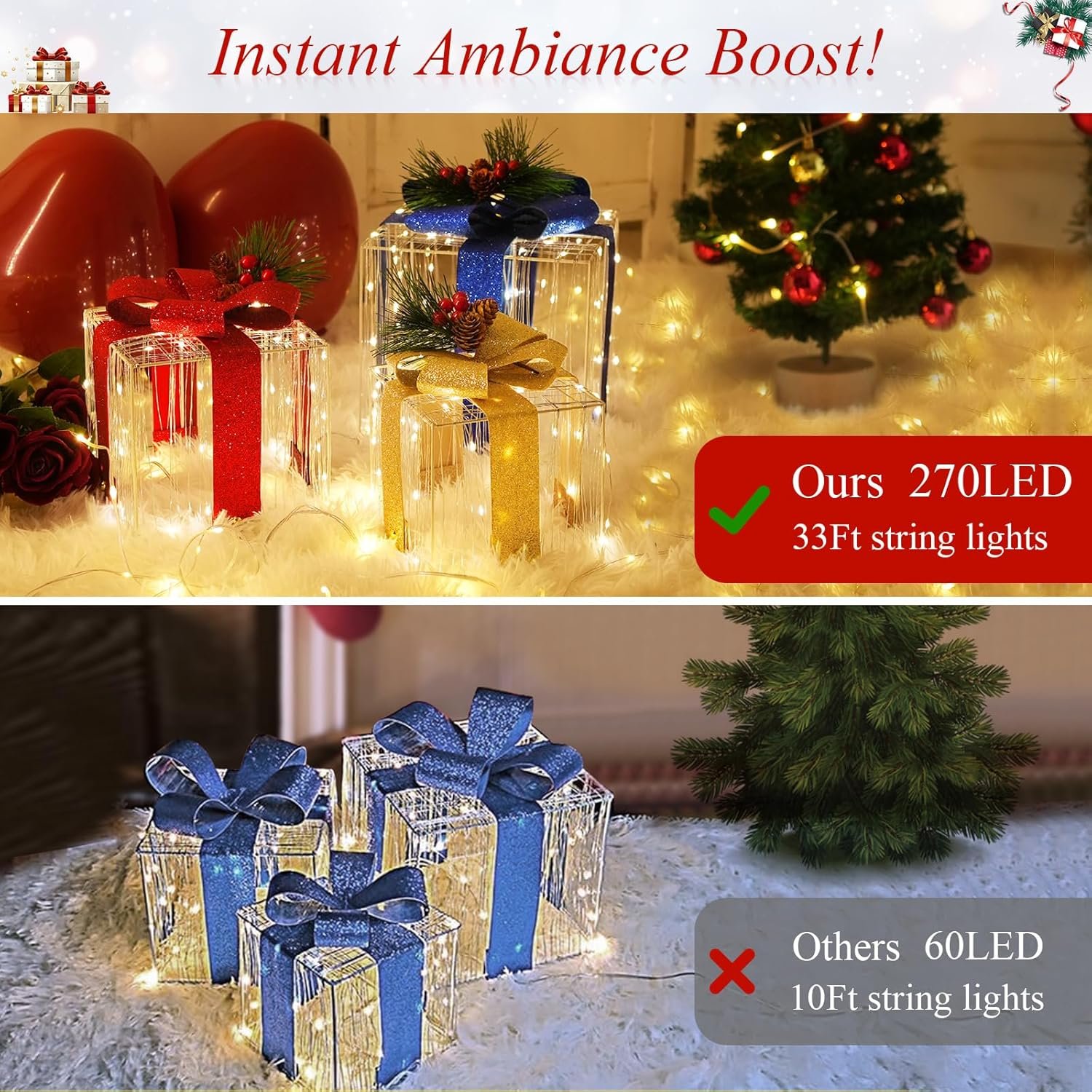 Sparkling Christmas Lighted Gift Boxes W/ 270 LEDs, 33Ft String Lights Light up Christmas Decoration Indoor Outdoor, Holiday Decor Present Boxes Xmas Ornament for Tree Skirt Yard Porch Home, Set of 3 - Image 3